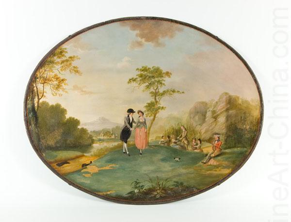 Edward Bird Decorated oval japanned tray base with painted scene from Tristram Shandy, signed and attributed to Edward Bird. oil painting picture